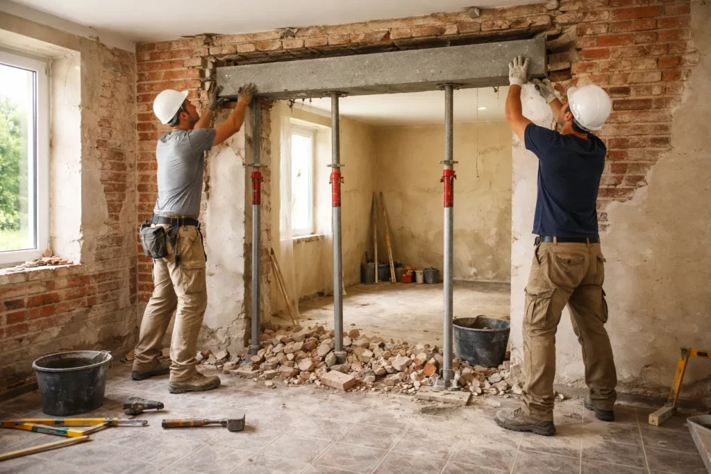 Un Maçon Escalquens réalise une reprise d’ouverture dans un mur porteur avec étais de sécurité et pose d’un linteau, à l’intérieur d’une maison française en rénovation.
