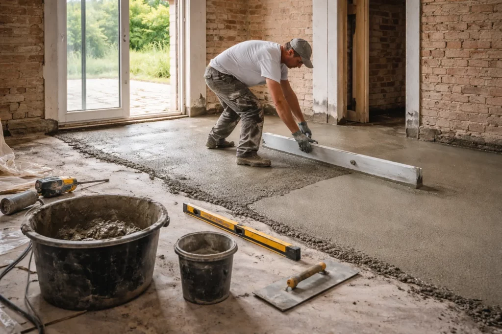 Maçon Vieille-Toulouse tirant une chape de rattrapage sur une dalle béton dans une pièce en rénovation, avec règle et niveau.