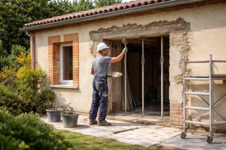 Maçon Vieille-Toulouse réalisant une reprise de maçonnerie sur une façade de maison individuelle, avec échafaudage et outils sur chantier.