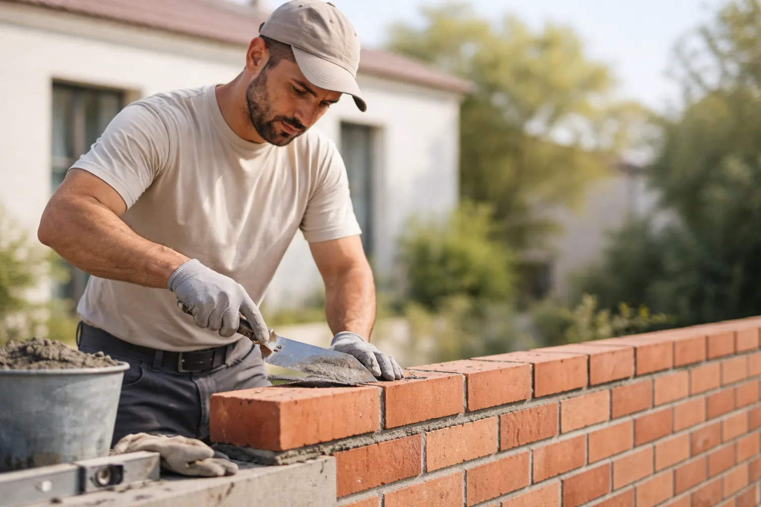 Maçon Toulouse réalisant des travaux de maçonnerie avec pose de briques et application de mortier sur une extension de maison, rendu photo réaliste et épuré.