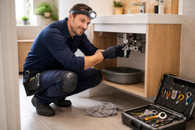 Un Plombier Ramonville-Saint-Agne intervient dans une salle de bain d’un appartement français en contrôlant une installation sous lavabo avec sa mallette d’outils.