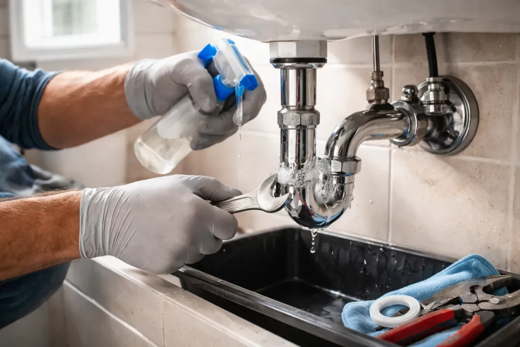 Un Plombier Saint-Orens-de-Gameville teste l’étanchéité d’un mitigeur et contrôle les raccords sous lavabo après réparation.