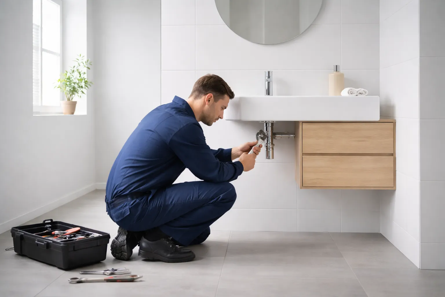 Un plombier Toulouse répare une fuite sous un lavabo dans une salle de bain moderne, avec un rendu réaliste et soigné.