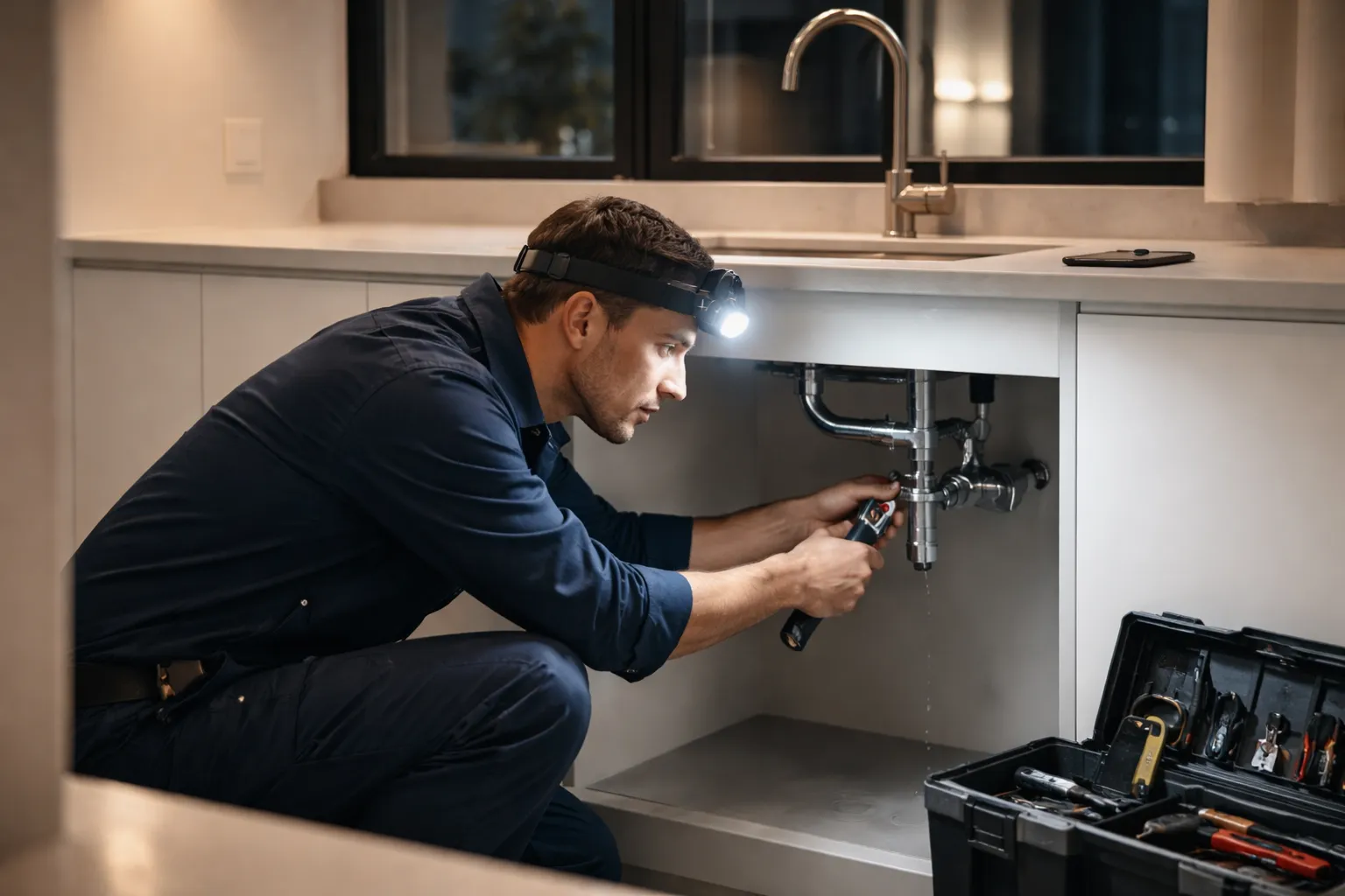Intervention d urgence plombier toulouse de nuit pour réparer une fuite sous un évier dans un intérieur moderne.