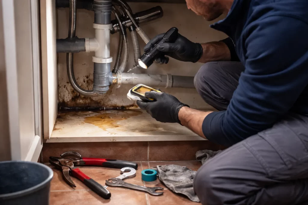 Le Plombier Ramonville-Saint-Agne localise une fuite sur une canalisation sous un évier à l’aide d’une lampe et d’un test d’humidité, puis prépare la réparation.