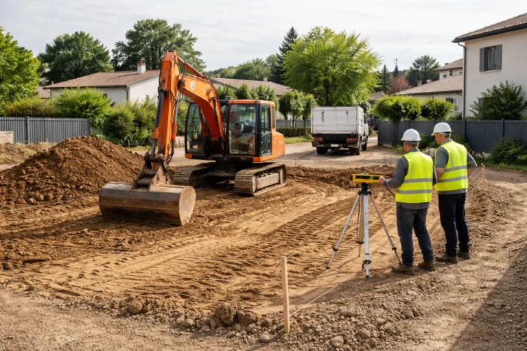 Terrassement Balma sur un terrain résidentiel avec une pelle mécanique en action pour le nivellement et la préparation avant construction.
