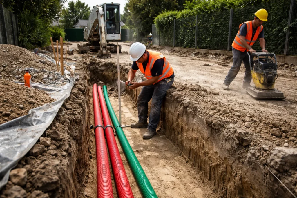 Terrassement Balma montrant l’ouverture d’une tranchée réseaux avec gaines posées et remblaiement en couches avant compactage.