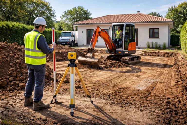 Terrassement Pins-Justaret avec une pelleteuse réalisant le décaissement et la mise à niveau d’un terrain devant une maison individuelle, déblais stockés proprement.