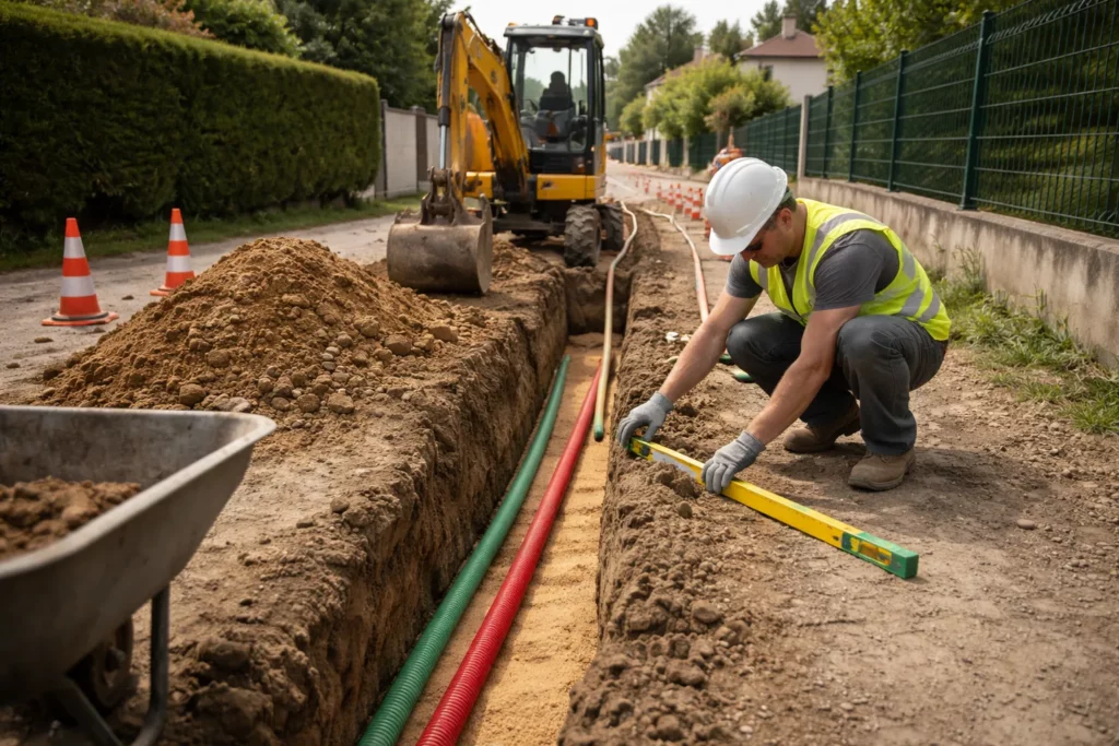 Terrassement Pins-Justaret montrant l’ouverture d’une tranchée réseaux avec mini-pelle, pose de lit de sable et gaine, puis préparation au remblaiement.