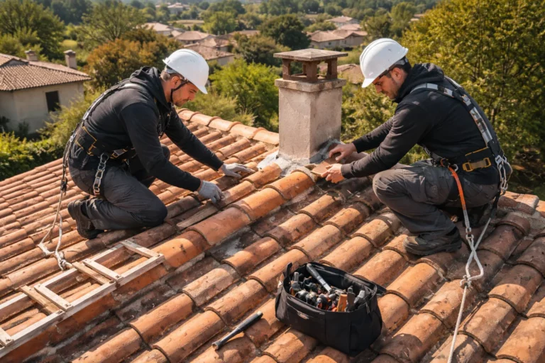 Toiture Corronsac : deux couvreurs inspectent une toiture en tuiles canal sur une maison individuelle près de Toulouse.