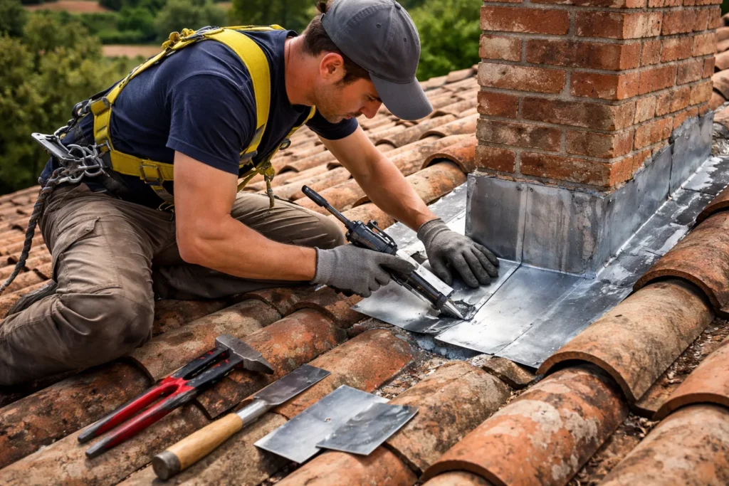 Toiture Corronsac : un couvreur reprend l’étanchéité au niveau d’un solin en zinc autour d’une cheminée sur une toiture en tuiles.