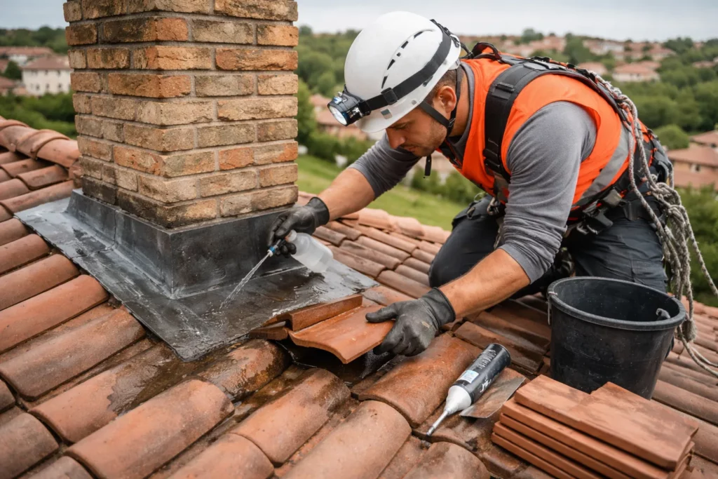 Toiture Cugnaux : un couvreur réalise une recherche de fuite autour d’un solin de cheminée avec test d’eau et contrôle des tuiles.