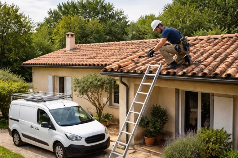 Toiture Deyme avec un couvreur inspectant une toiture en tuiles sur une maison individuelle près de Toulouse, par temps clair.