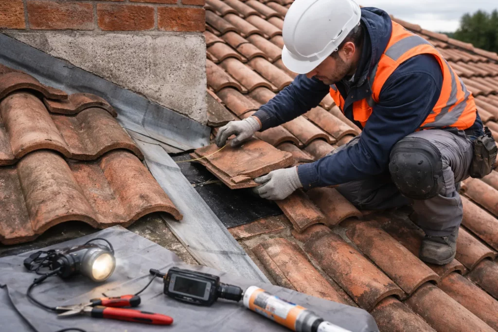 Toiture Frouzins : un couvreur réalise une recherche de fuite en inspectant un solin et une noue avec des outils de contrôle.