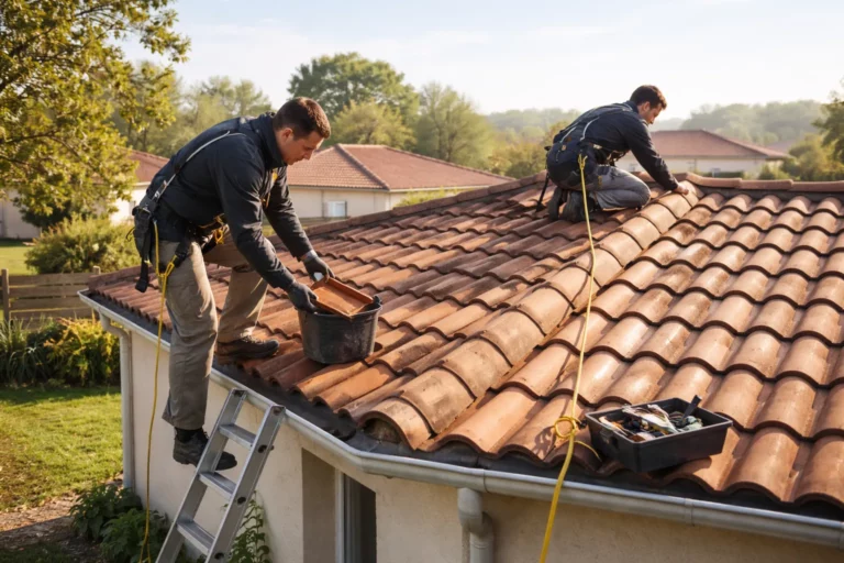 Toiture Frouzins : deux couvreurs inspectent et réparent une toiture en tuiles sur une maison individuelle à Frouzins.