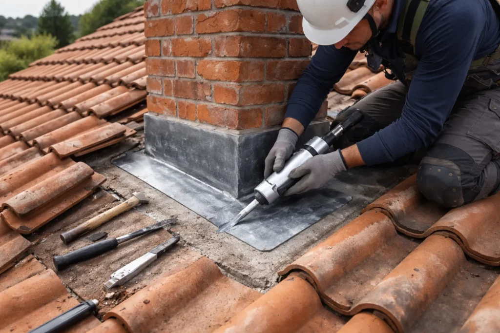 Toiture Goyrans : un couvreur réalise une recherche de fuite et reprend l’étanchéité d’un solin autour d’une cheminée sur une toiture en tuiles.