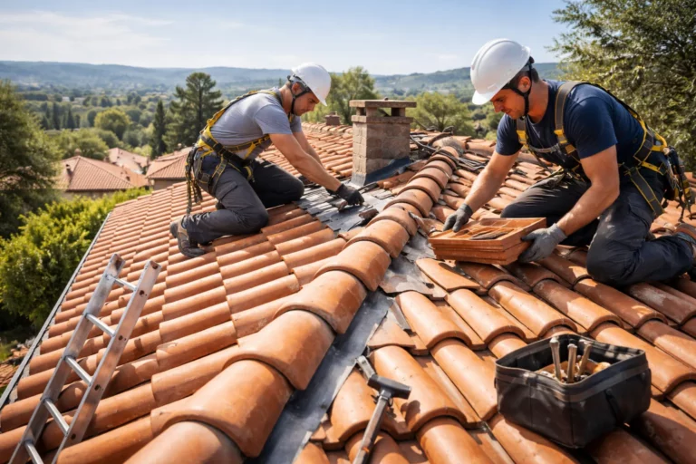 Toiture Goyrans : deux couvreurs sécurisés inspectent une toiture en tuiles rouges sur une maison individuelle à Goyrans, avec la vallée en arrière-plan.