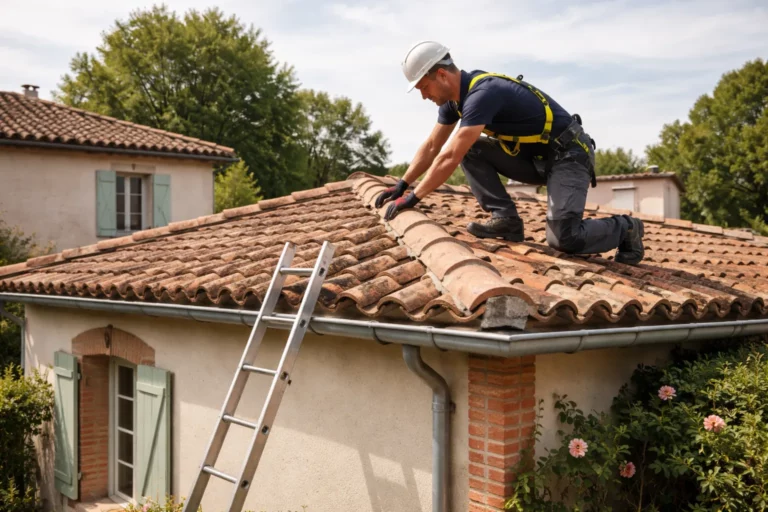 Toiture Labastide-Beauvoir : un couvreur inspecte une toiture en tuiles canal sur une maison toulousaine, avec échelle et harnais visibles.