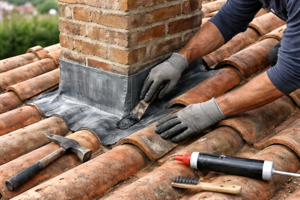 Toiture Labastide-Beauvoir : un artisan répare une fuite en reprenant un solin autour d’une sortie de toit sur une couverture en tuiles.