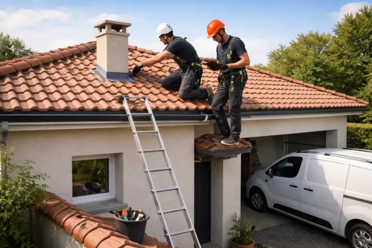 Toiture Saint-Orens-de-Gameville : deux couvreurs inspectent une toiture en tuiles avec échelle et harnais sur une maison individuelle.