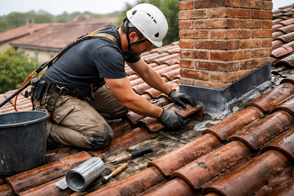 Toiture Villeneuve-Tolosane montrant un couvreur qui contrôle une infiltration au niveau d’un solin de cheminée et effectue une reprise d’étanchéité.