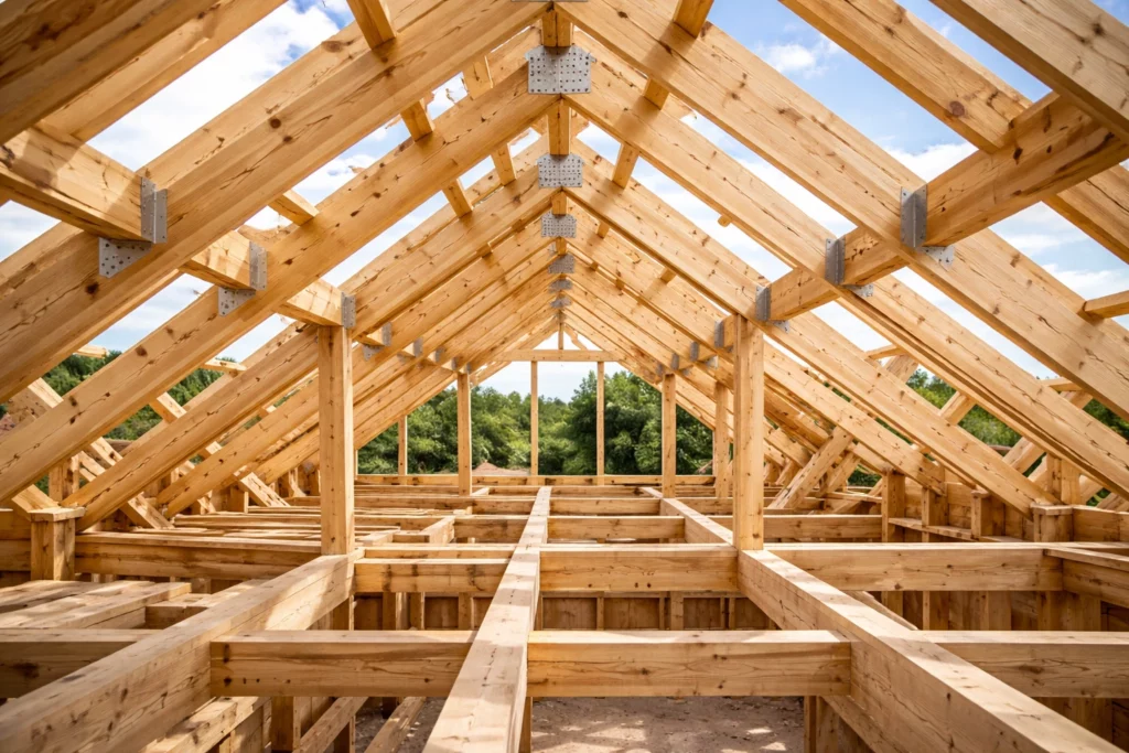 Vue intérieure d’une charpente en bois massif, structure traditionnelle de toiture avec fermes et poutres apparentes, réalisée sur un chantier de construction