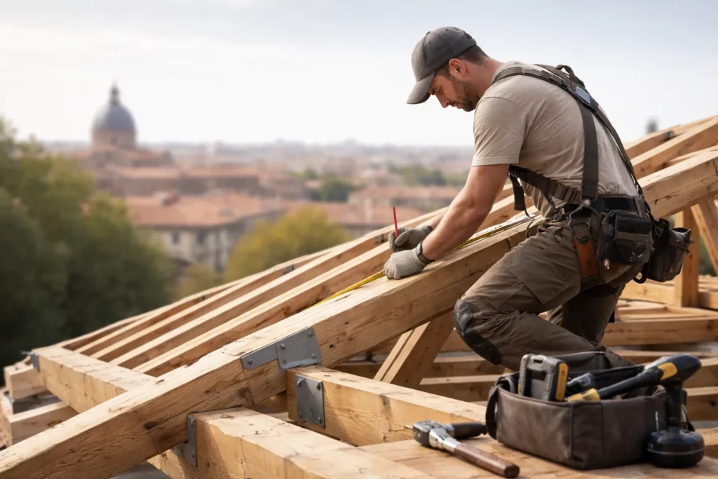 Charpentier sur un toit à Toulouse contrôlant une charpente traditionnelle en bois avec des outils de mesure, dans une photo réaliste et épurée.