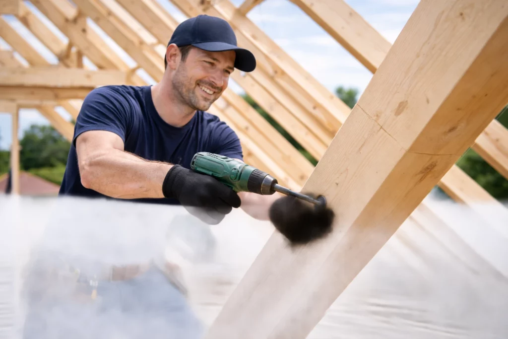 Charpentier professionnel posant une poutre en bois sur une charpente traditionnelle, travail de précision sur structure bois lors d’un chantier de construction
