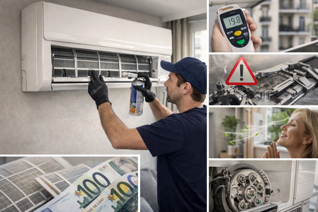 Technicien réalisant l’entretien annuel d’une climatisation murale dans un logement à Toulouse, nettoyage des filtres pour améliorer la qualité de l’air, réduire les pannes et prolonger la durée de vie du système