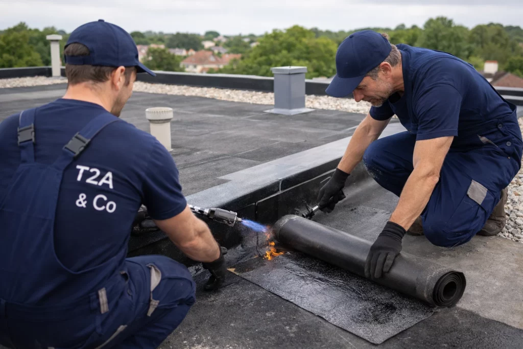 Artisans réalisant des travaux d’étanchéité sur une toiture plate, pose d’une membrane bitumineuse pour prévenir les infiltrations et protéger la structure du bâtiment