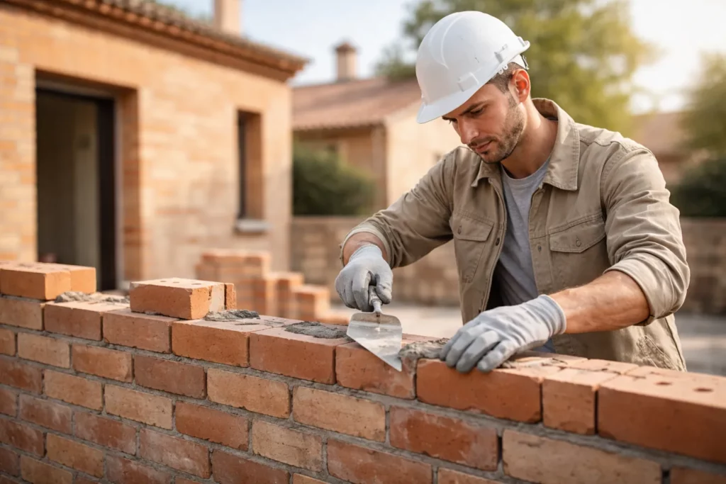 Maçon professionnel à Toulouse posant des briques avec une truelle sur un mur d’extension de maison, en lumière naturelle et rendu réaliste haut de gamme