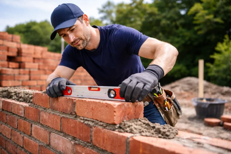 Maçon professionnel réalisant la pose d’un mur en briques avec contrôle du niveau, travail de maçonnerie traditionnelle sur chantier extérieur