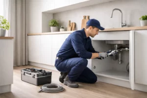 Plombier à Toulouse intervenant sous un évier de cuisine moderne pour un dépannage de plomberie, avec outils posés à côté dans une ambiance lumineuse et épurée.