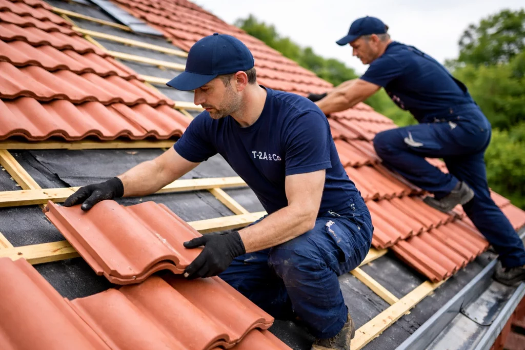 Couvreurs réalisant la pose de tuiles en terre cuite sur une toiture en pente à Toulouse, installation soignée assurant l’étanchéité, la solidité et la durabilité de la couverture