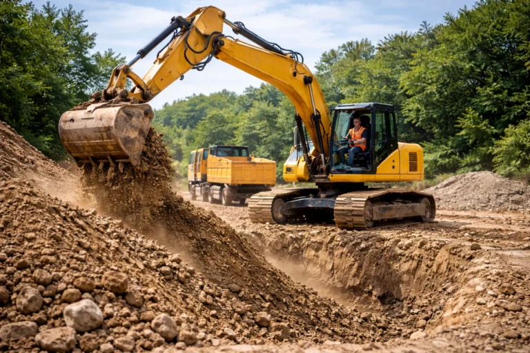 Engin de terrassement réalisant une excavation sur chantier, pelle mécanique creusant le sol pour préparation des fondations et aménagement du terrain
