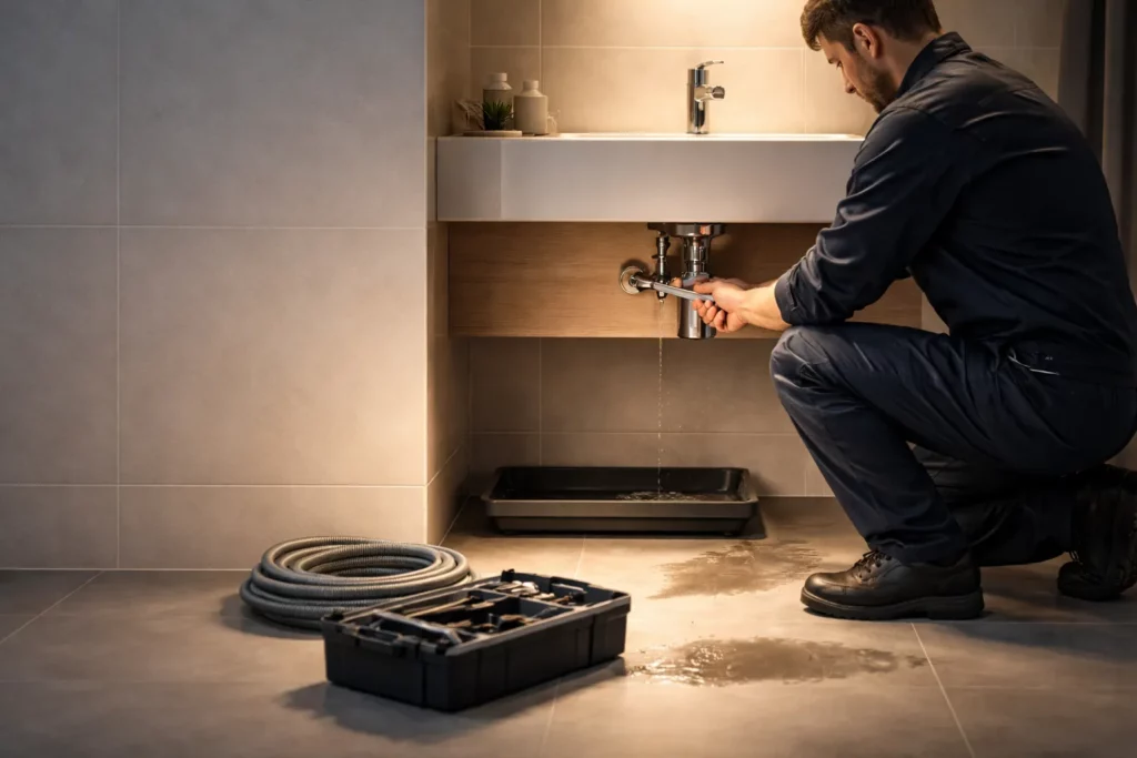 Plombier en intervention d’urgence à Toulouse la nuit réparant une fuite sous un lavabo dans une salle de bain moderne avec outils et bac de récupération