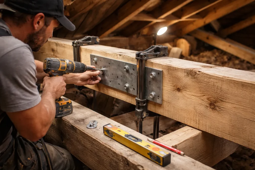 Un Charpentier Péchabou met en place un renfort sur une panne avec serre-joints et boulons lors d’une intervention de consolidation dans des combles.