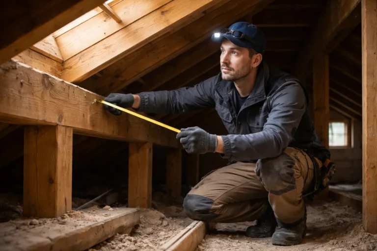 Un Charpentier Péchabou inspecte une charpente traditionnelle dans des combles, avec la lumière du jour entrant par une petite ouverture de toiture.