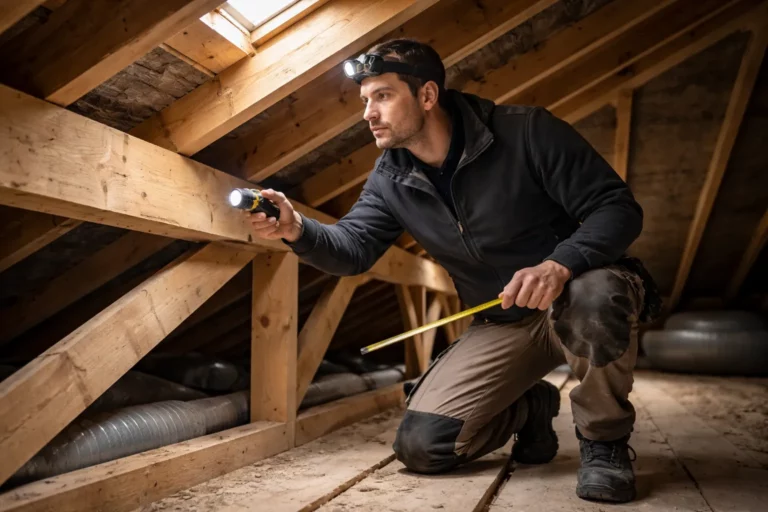 Le Charpentier Quint-Fonsegrives contrôle une charpente en bois dans les combles d’une maison, lampe frontale et mètre en main.