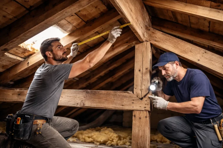 Le Charpentier Quint-Fonsegrives inspecte une charpente traditionnelle en bois sous les combles d’une maison, lampe frontale et mètre en main.