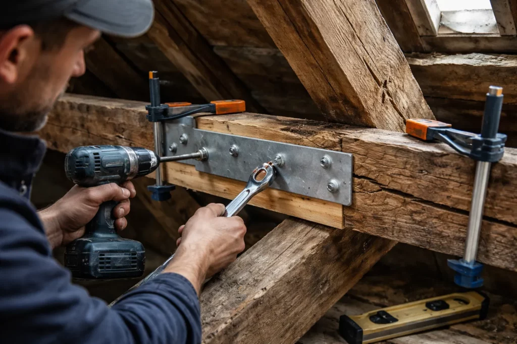 Le Charpentier Quint-Fonsegrives fixe un renfort métallique et remplace une pièce de bois sur une charpente abîmée lors d’une réparation ciblée.