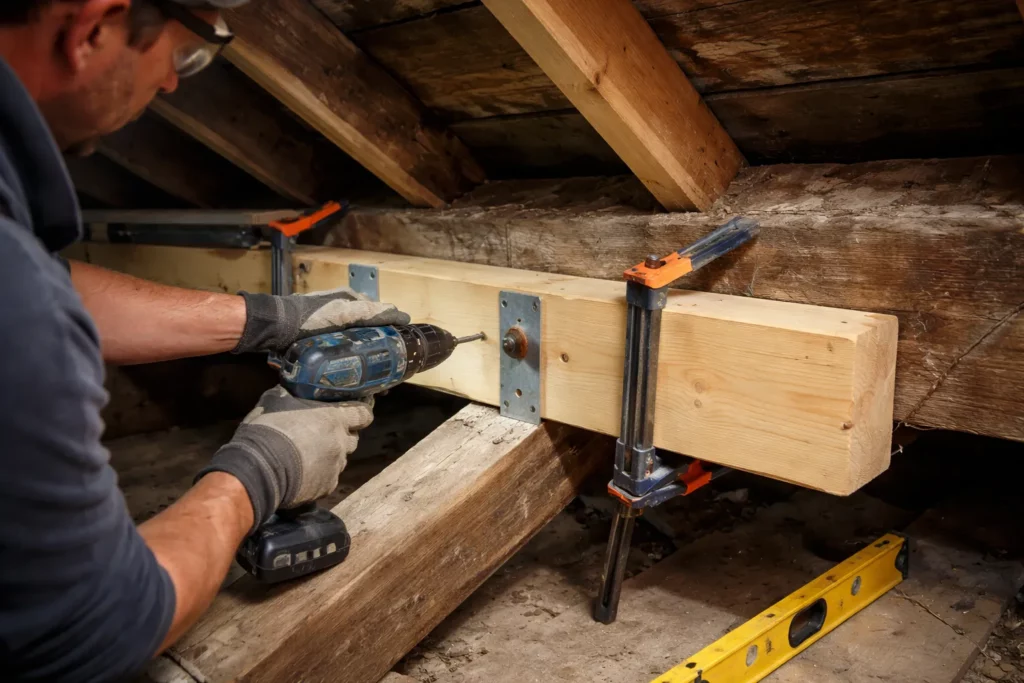 Le Charpentier Quint-Fonsegrives réalise un renfort sur un chevron avec une pièce de bois et des fixations, dans des combles sécurisés.