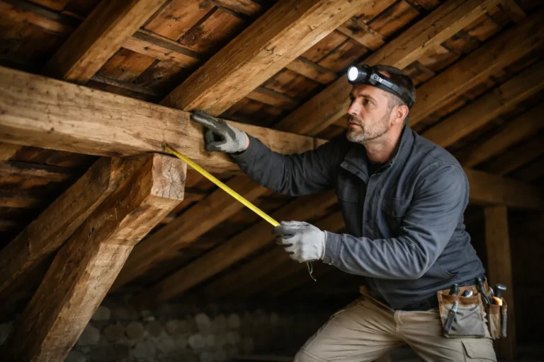 Charpentier Vieille-Toulouse inspectant une charpente traditionnelle en bois sous une toiture tuiles, lampe frontale et mètre en main.