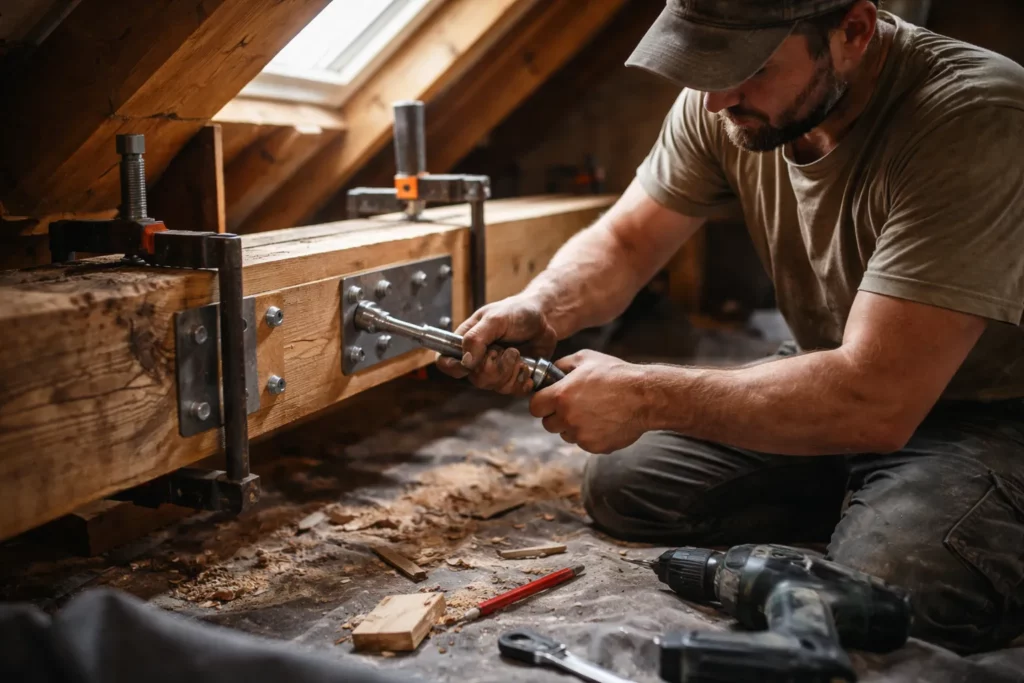 Charpentier Vieille-Toulouse réalisant une réparation ciblée sur un chevron avec renfort boulonné et serre-joints dans des combles.