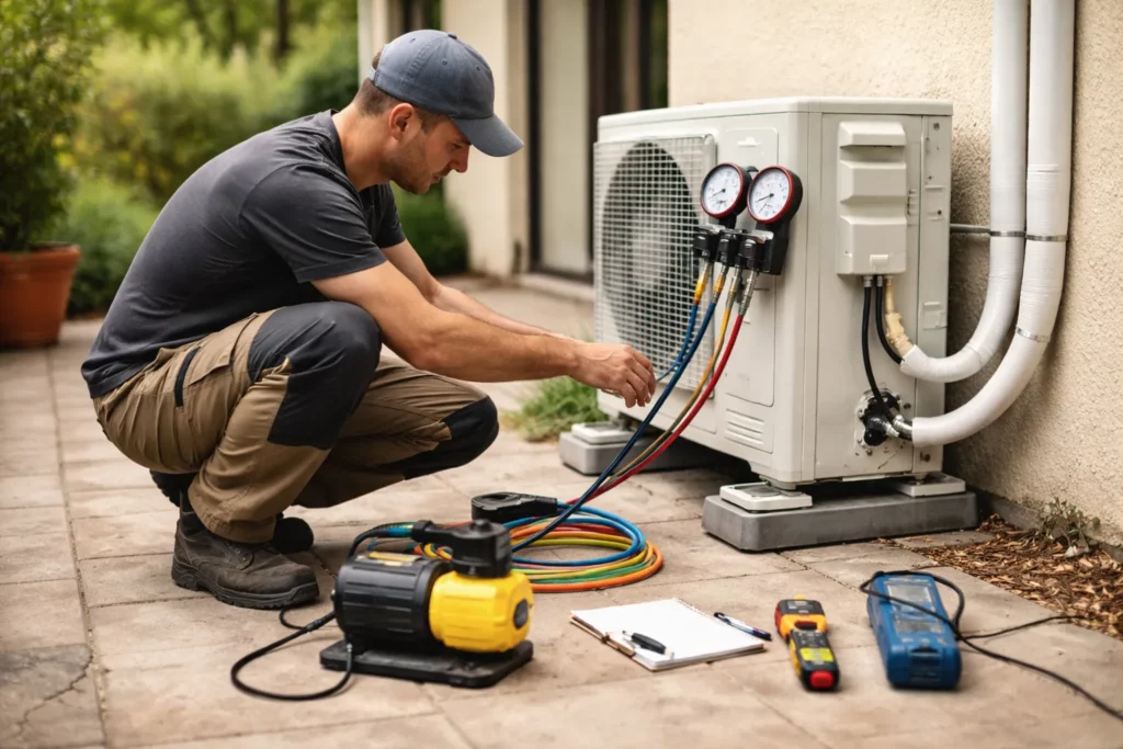 Climatisation Balma : un frigoriste effectue la mise en service et les contrôles d’une climatisation split avec manomètres et pompe à vide.