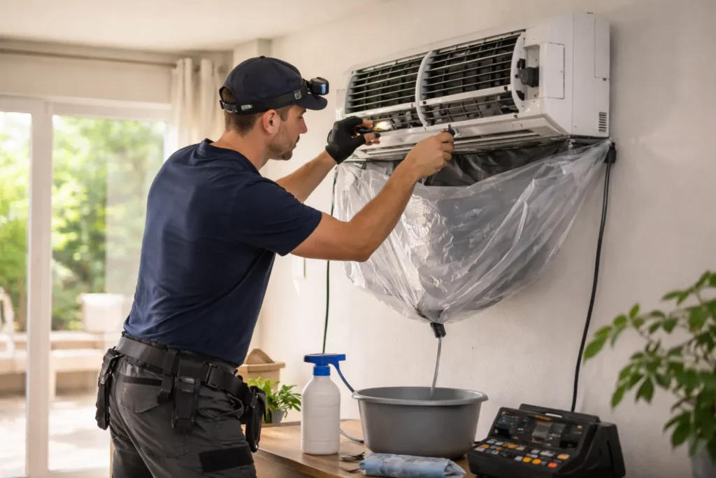Climatisation Corronsac : un technicien nettoie les filtres et contrôle l’écoulement des condensats sur une unité intérieure.