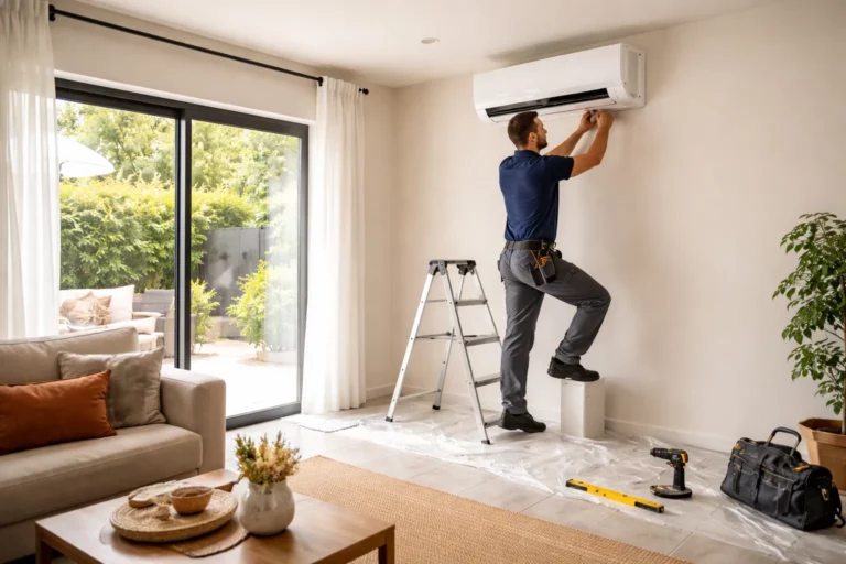 Climatisation Corronsac : un installateur pose une unité intérieure murale dans un salon de maison près de Toulouse.