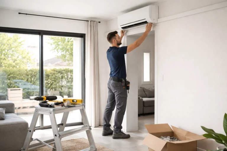Climatisation Frouzins avec un technicien installant une unité intérieure murale dans un salon de maison à Frouzins.
