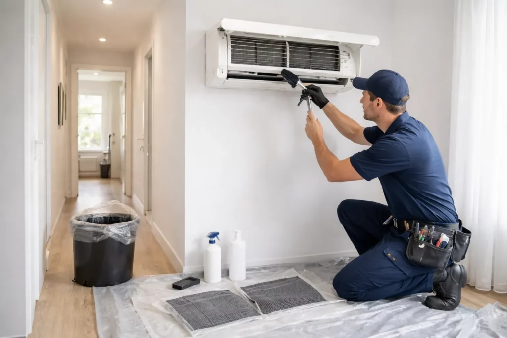 Climatisation Labastide-Beauvoir : un technicien nettoie les filtres et contrôle l’unité intérieure d’une climatisation lors d’un entretien.