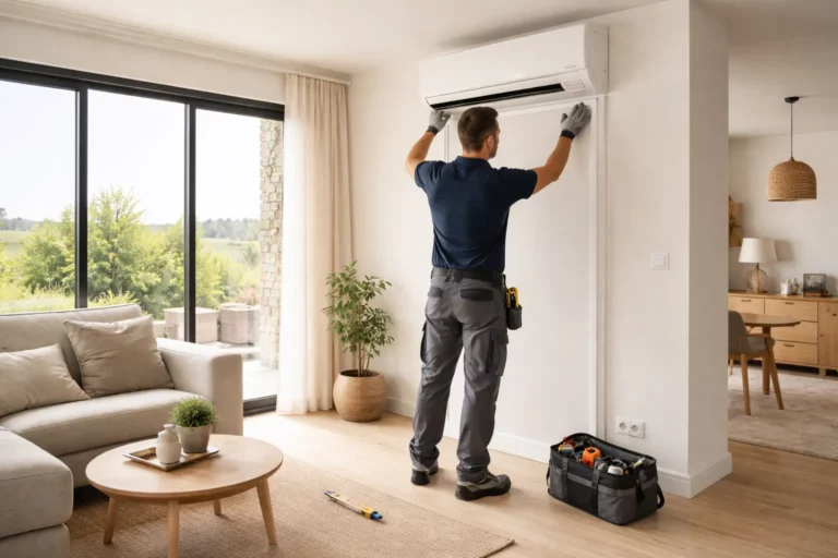 Climatisation Labastide-Beauvoir : un technicien installe une unité intérieure murale dans un salon de maison à Labastide-Beauvoir.